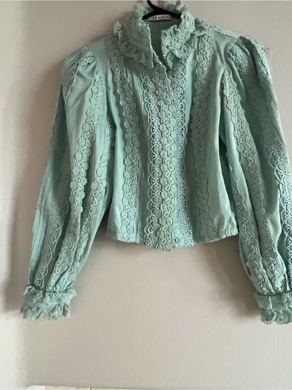 Alice + Olivia Mint Green Lace-Trim Victorian Blouse
